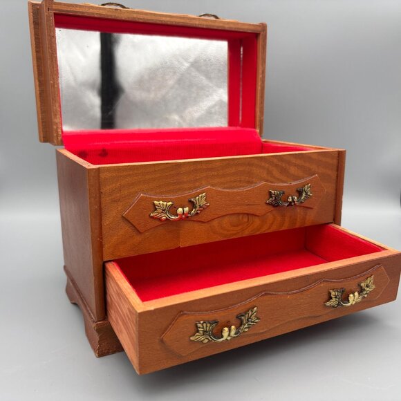 Vintage Wooden Jewelry Box with Red Velvet Lining and Mirror - Picture 2 of 15